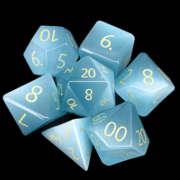 TDSO Cats Eye Mint Blue with Engraved Numbers 16mm Precious Gem 7 Dice Polyset